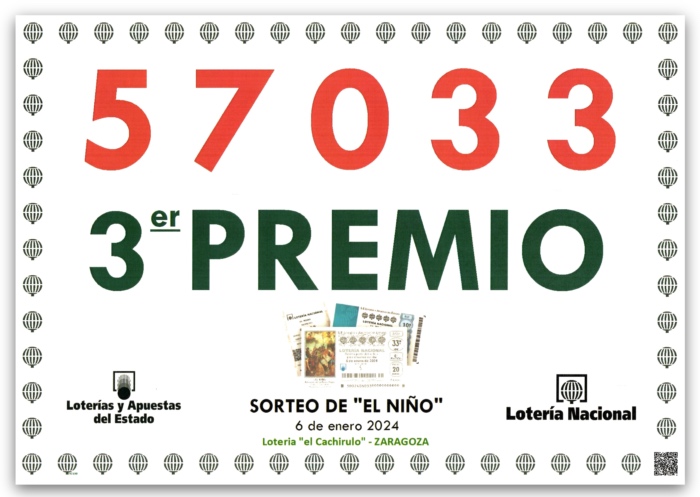 Cartel del tercer premio de la Loter&iacute;a del Ni&ntilde;o 2024, el 57.033, vendido en Loter&iacute;a El Cachirulo